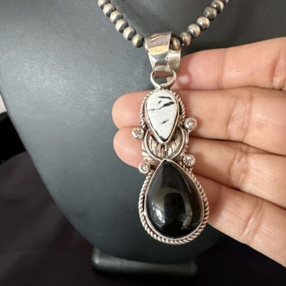 Women's White Buffalo Turquoise Onyx Necklace Pendant | Sterling Silver | Multi-Stone | 15314