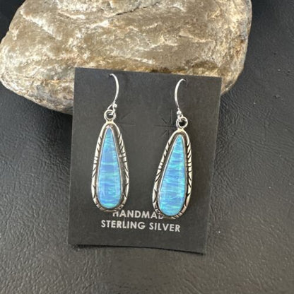 New Blue Opal Inlay Dangle Earrings | Sterling Silver | Authentic Native American Handmade | 16548