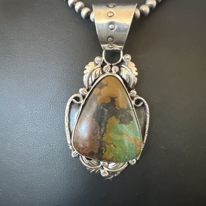 Men's Navajo Green Turquoise Pendant Necklace | Sterling Silver | Authentic Native American Handmade | 17532