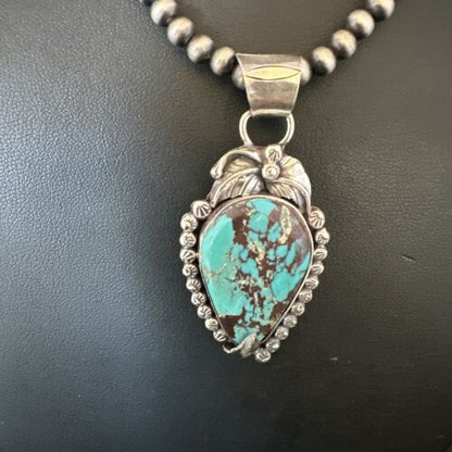 Navajo Blue Turquoise Pendant Necklace | Sterling Silver Pearls | Authentic Native American Handmade | 15642