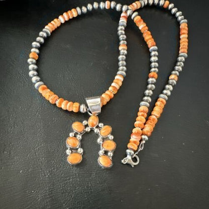 Navajo Orange Spiny Oyster Inlay Naja Pendant | Sterling Silver | Authentic Native American Handmade | 17428