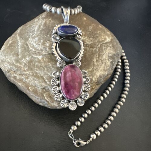 Navajo Black Onyx Purple Spiny 3-Stone Cluster Pendant | Sterling Silver | Authentic Native American Handmade | 17635