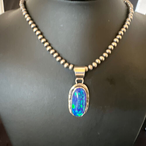 Men's Women's Blue Fire Opal Navajo Pendant | Sterling Silver | Authentic Native American Handmade | 16482