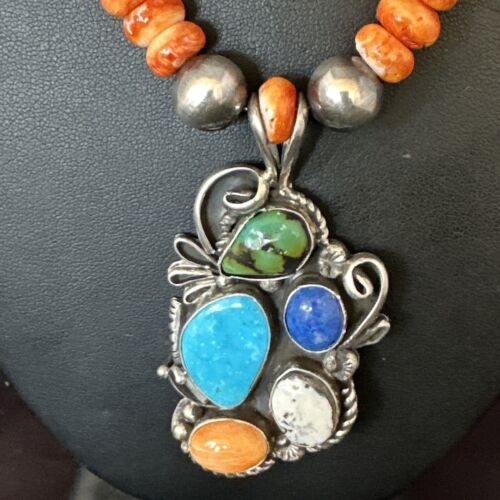 Navajo Blue Turquoise Spiny Oyster Pendant | Sterling Silver Bead Necklace | Multi-Stone | 15058