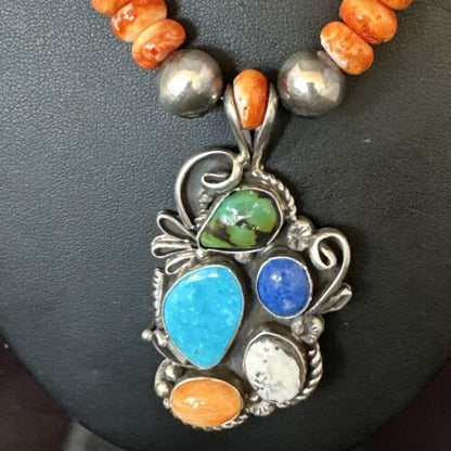 Navajo Blue Turquoise Spiny Oyster Pendant | Sterling Silver Bead Necklace | Multi-Stone | 15058
