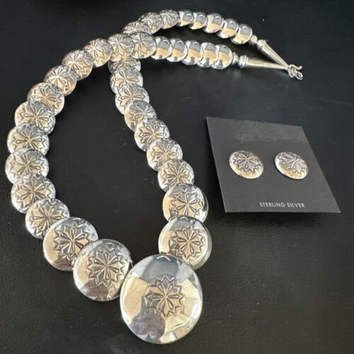 Navajo Pearls Sterling Silver Graduated Pillow Bead Necklace & Earrings Set | Authentic Native American Handmade | 15634