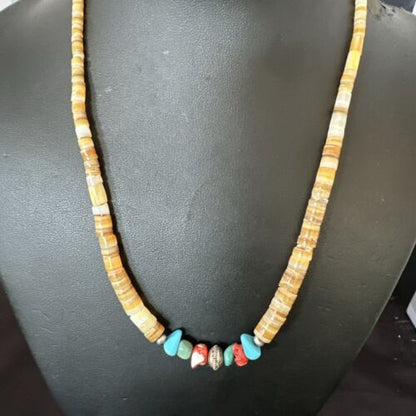 Authentic Native American Santo Domingo Shell Red Coral Blue Turquoise Onyx Necklace | 18" | 16946