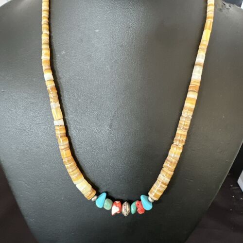 Authentic Native American Santo Domingo Shell Red Coral Blue Turquoise Onyx Necklace | 18" | 16946
