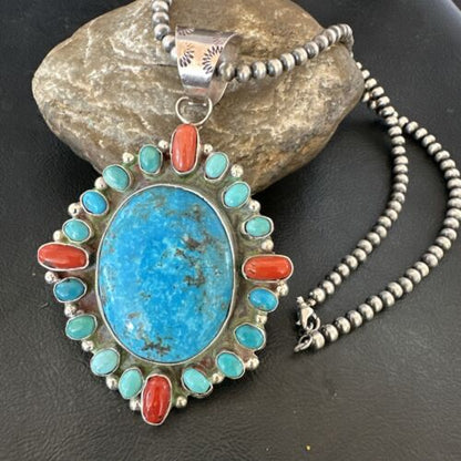 Navajo Red Spiny oyster | Blue Turquoise Pendant Necklace | Sterling Silver | Multi-Stone | 17148