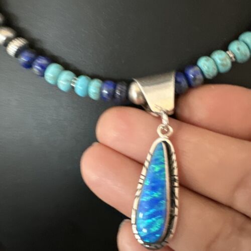 Navajo Blue Opal Turquoise Pendant Necklace | Sterling Silver | Authentic Native American Handmade | 16764