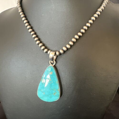 Navajo Blue Kingman Turquoise Pendant Necklace | Sterling Silver | 20" | Authentic Native American Handmade | 16724 - Masha USA