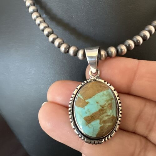 Navajo Blue Turquoise #8 Pendant | Sterling Silver Necklace with Pearls | Authentic Native American Handmade | 16353 - Masha USA