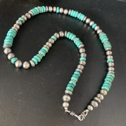 Navajo Pearls Blue Turquoise Necklace | Sterling Silver | Men's Women's | Authentic Native American Handmade | 20" | 13416