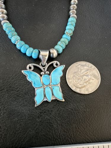 Navajo Butterfly Blue Ridge Turquoise Inlay Pendant | Sterling Silver Necklace | Authentic Native American Handmade | 17059