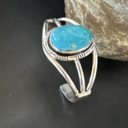 Women's Blue Kingman Turquoise Cuff Bracelet | Navajo Sterling Silver | Authentic Native American Jewelry | 16246