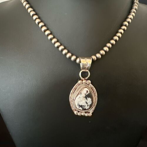 White Buffalo Turquoise Pendant | Navajo Pearls | Sterling Silver Necklace 21" | 17328 - Masha USA