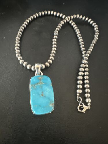 Blue Kingman Turquoise Pendant | Navajo Pearls | Sterling Silver Necklace 20" | 16696