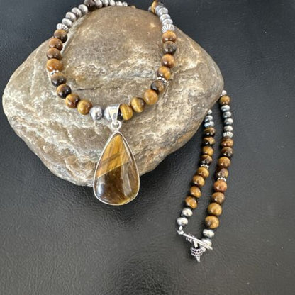 Southwestern Coffee Brown Tiger's Eye Pendant Necklace | Sterling Silver | 15863