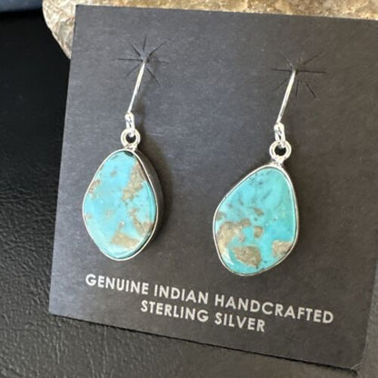 Navajo Blue Turquoise Dangle Earrings | Sterling Silver | 1" | Authentic Native American Handmade | 15806 - Masha USA