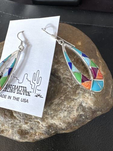 Southwestern Sterling Silver Multi-Color Turquoise Lapis Inlay Earrings | Authentic Native American Handmade | 14938 - Masha USA