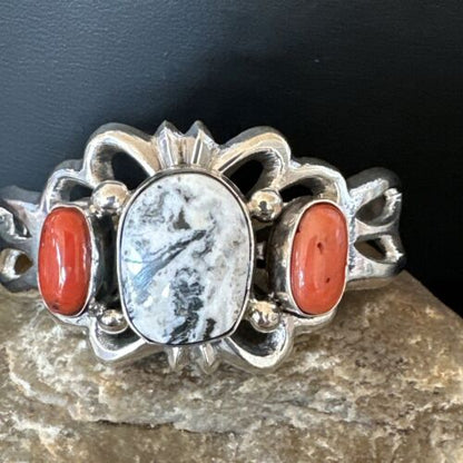 White Buffalo Turquoise Coral Navajo Tufa Cuff Bracelet | Sterling Silver | Authentic Native American Handmade | 16408
