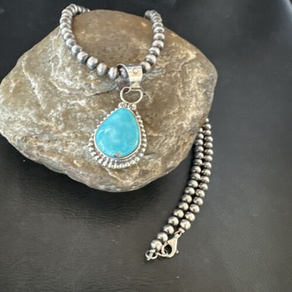 Navajo Pearls Kingman Turquoise Pendant Necklace | Sterling Silver | Native American Handmade | 17135