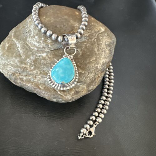 Navajo Pearls Kingman Turquoise Pendant Necklace | Sterling Silver | Native American Handmade | 17135