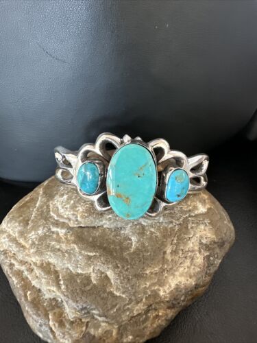 Kingman Turquoise Navajo Cuff Bracelet | Sterling Silver Tufa Cast | Authentic Native American Handmade | 16784 - Masha USA
