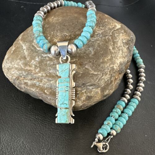 Men's and Women's Turquoise #8 Inlay Pendant Necklace | Navajo Sterling Silver | Authentic Native American Handmade | 17075