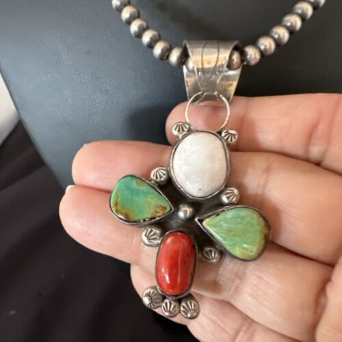Navajo Green White Turquoise | Coral Pendant Necklace | Sterling Silver | Native American Handmade | 16831