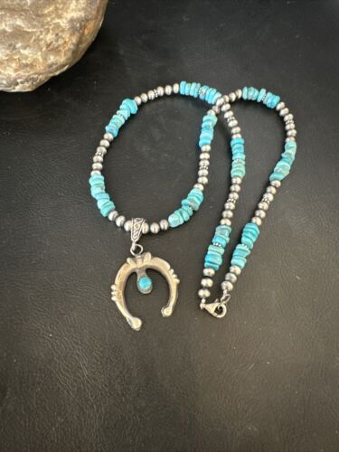 Navajo Kingman Turquoise Naja Pendant Necklace | Sterling Silver | Native American Handmade | 14834