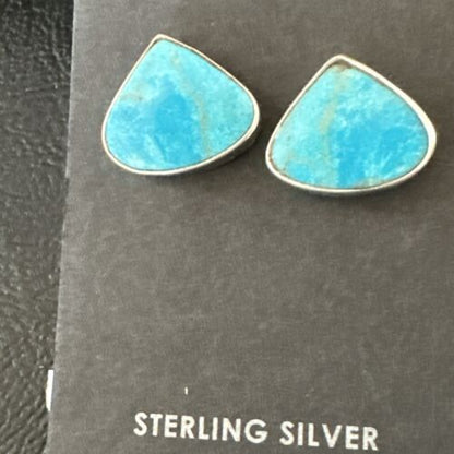 Navajo Blue Kingman Turquoise Post Stud Earrings | Sterling Silver | Authentic Native American Handmade | 17482