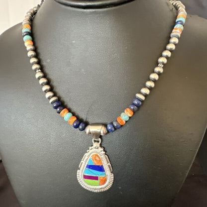 Navajo Lapis Spiny Oyster Turquoise Inlay Pendant Necklace | Sterling Silver | 21" | Authentic Native American Handmade | 16628