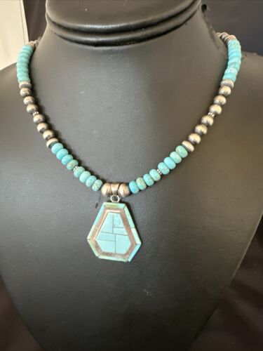 Navajo Turquoise Inlay Pendant Necklace | Sterling Silver | Authentic Native American Handmade | 17077