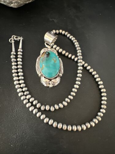 Navajo Pearls Necklace with Blue Turquoise Pendant | Sterling Silver | Authentic Native American Handmade | 14879