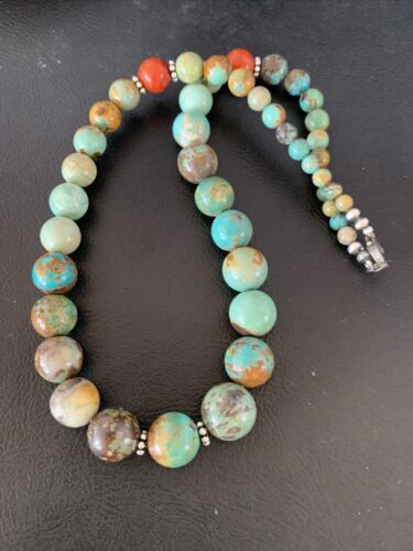 Navajo Green Turquoise & Apple Coral Graduated Necklace | Sterling Silver | Authentic Native American | 18" | 13208