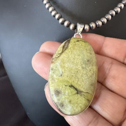 Navajo Green Gaspeite Pendant Necklace | Sterling Silver | Authentic Native American Handmade | 15482