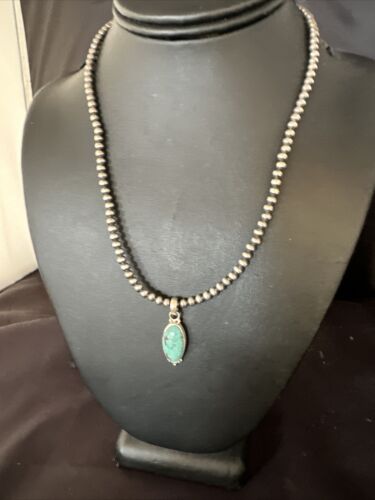 Navajo Pearls Kingman Turquoise Pendant Necklace | Sterling Silver | Authentic Native American Handmade | 14896