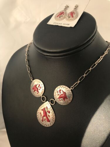 Zuni Coral Pendant Necklace & Earrings Set | Sterling Silver | Cardinal Design | Authentic Native American Old Pawn Jewelry