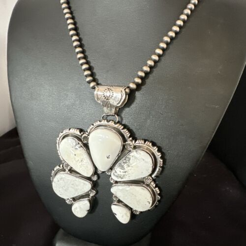 Navajo White Buffalo Turquoise Necklace Naja Pendant | Sterling Silver | Authentic Native American Handmade | 16805