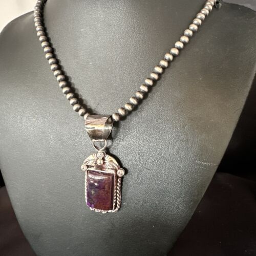 Navajo Pearls Purple Sugilite Pendant Necklace | Sterling Silver Beads | Authentic Native American Handmade | 15378