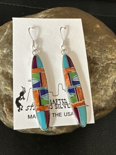 Southwestern Sterling Silver Multi-Color Turquoise Lapis Inlay Earrings | Authentic Native American Handmade | 14937