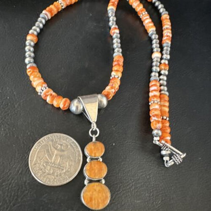 Navajo Orange Spiny Oyster Pendant with Pearls | Sterling Silver Necklace | Authentic Native American Handmade | 15255