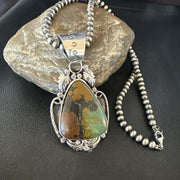 Men's Navajo Green Turquoise Pendant Necklace | Sterling Silver | Authentic Native American Handmade | 17532