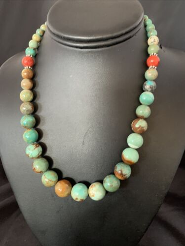 Navajo Green Turquoise & Apple Coral Graduated Necklace | Sterling Silver | Authentic Native American | 18" | 13200