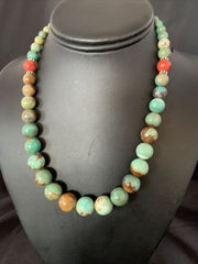 Navajo Green Turquoise & Apple Coral Graduated Necklace | Sterling Silver | Authentic Native American | 18" | 13200