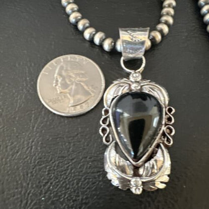 Native American Men's Pendant | Navajo Pearls | Sterling Silver Black Onyx Necklace | 16129
