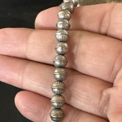 Handmade Stamped Navajo Pearls Bracelet | 6mm Beads | 8" Sterling Silver | Authentic Native American | 17447