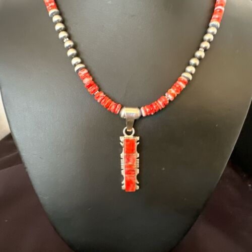 Navajo Red Spiny Oyster Pendant Necklace | Sterling Silver Inlay | Authentic Native American Handmade | 16853