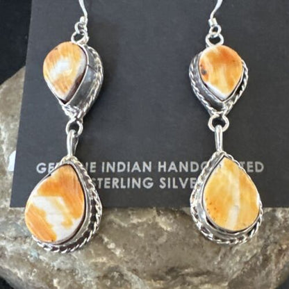 Navajo Orange Spiny Oyster Dangle Earrings | Sterling Silver | 1.5" | Authentic Native American Handmade | 16572